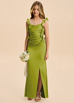 Azazie Jessamine Junior Lemongrass Sheath Ruched Stretch Satin Dress image6