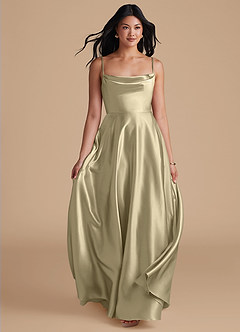 Azazie Elle Bridesmaid Dresses Moss Green A-Line with Pockets Metallic Satin Dress image5