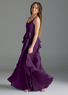 Azazie Peyton Junior Grape A-Line V-Neck Cascading Ruffles Chiffon Dress image4