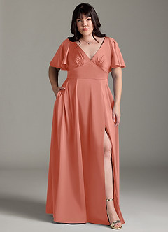 Azazie Kimber Bridesmaid Dresses Salmon Pink A-Line Ruched Stretch Satin Dress image7