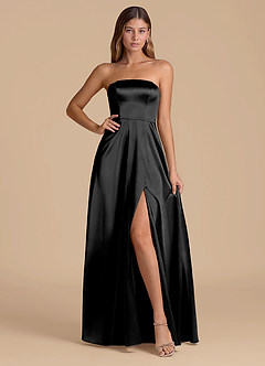 Azazie Wren Vestidos de damas de honor Vestido de Negro de Satén Metálico de Corte en A con Sin tirantes image1