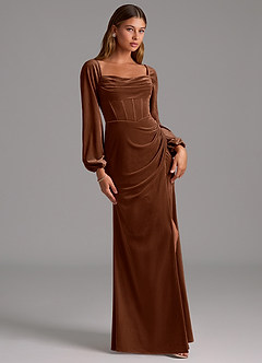 Azazie Charissa Bridesmaid Dresses Umber Sheath Long Sleeve Velvet Dress image3