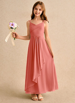 Azazie Zaida Girls Formal Robe Demoiselle D'honneur Fillette Robe Trapèze en Mousseline de soie Plissée Rose Saumon image1