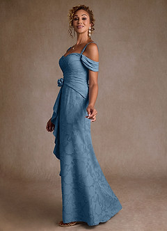 Azazie Irene Moeder van de bruid jurken A-Lijn Jurk van Bloemen Burn-out Off the Shoulder Staal Blauw image2