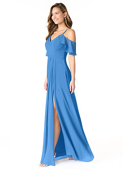 Azazie Dakota Vestidos de damas de honor Vestido de Azul Grisaceo de Gasa de Corte en A con Cuello en V plisado image3