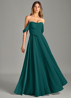 Azazie Chelsey Abiti da Damigella Abito Convertibile A-Line in Chiffon a Spalla Scoperta Verde Pavone image1