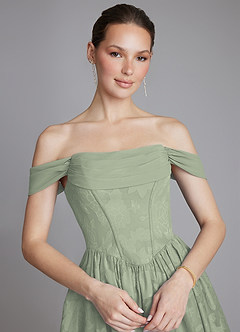 Azazie Raisa Bridesmaid Dresses Agave A-Line Off the Shoulder Floral Burnout Dress image4