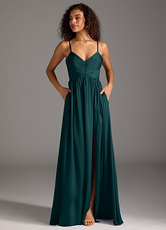 Azazie Alia Bridesmaid Dresses Pine A-Line Pleated Stretch Satin Dress image7