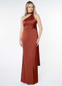 Azazie Kaylani Brautjungfernkleider Meerjungfrau-Linie Hoher Kragen Stretch-Satin Kleid Terrakotta image1