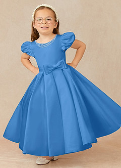 Azazie Jewel Flower Girl Dresses Blue Jay Ball-Gown Pleated Matte Satin Dress image1