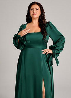 Azazie Leonia Brautjungfernkleider A-Linie Langarm Stretch-Satin Kleid Smaragd image2