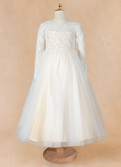 Azazie Elodie vestidos de niña de las flores Vestido de Marfil Champán de Encaje de Princesa image10