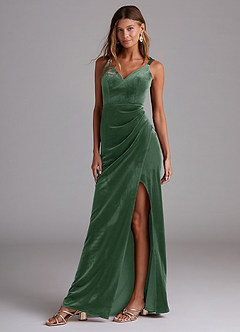 Azazie Leo Bridesmaid Dresses Eucalyptus Sheath Pleated Velvet Dress image1