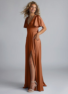 Azazie Kimber Bridesmaid Dresses Copper A-Line Ruched Stretch Satin Dress image6