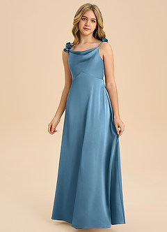 Azazie Gumdrop Junior Steel Blue Empire Pleated Stretch Satin Dress image3