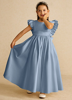 Azazie Piglette Flower Girl Dresses Dusty Blue A-Line Bow Matte Satin Dress image6