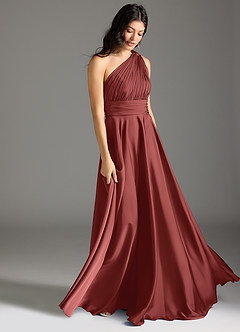 Azazie Charlize Bridesmaid Dresses Terracotta A-Line One Shoulder Stretch Satin Dress image3