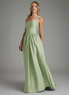 Azazie Nevaeh At-home Try On Dresses Dusty Sage A-Line Corset Stretch Satin Dress image5