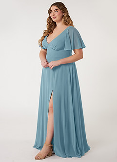 Azazie Kimber Bridesmaid Dresses Moody Blue A-Line Flounce Sleeve Chiffon Dress image7