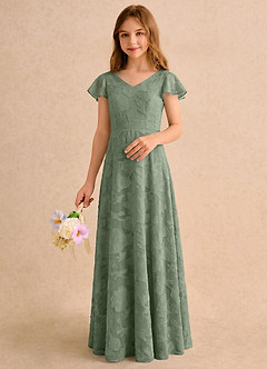 Azazie Narin Girls Formal Flower Girl Dresses Matcha A-Line with Sleeves Floral Burnout Dress image5