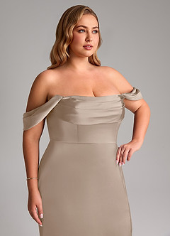 Azazie Saige Bridesmaid Dresses Taupe Sheath Off the Shoulder Stretch Satin Dress image15