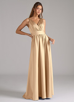 Azazie Kora Bridesmaid Dresses Champagne A-Line Pleated Stretch Satin Dress image3