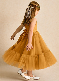 Azazie Miracle Blumenmädchenkleider A-Linie Schleifen Matte Satin Kleid Butterscotch image5