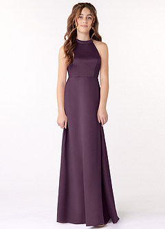 Azazie Laurel Junior Plum A-Line Stretch Satin Dress image1