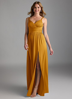 Azazie Chanel Bridesmaid Dresses Butterscotch A-Line Pleated Stretch Satin Dress image1