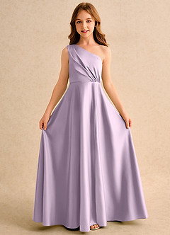 Azazie Puddles Girls Formal Flower Girl Dresses Frosted Lilac A-Line One Shoulder Matte Satin Dress image5