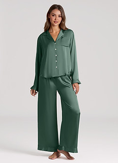 Ruffled Satin Long Sleeve Pajama Set
