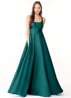 Azazie Neve Bridesmaid Dresses Peacock Ball-Gown with Pockets Stretch Satin Dress image1
