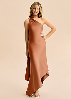 Azazie Briony Junior Copper Sheath Pleated Stretch Satin Dress image3