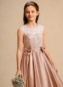 Azazie Candy Girl Flower Girl Dresses Champagne Rose Ball-Gown Bow Matte Satin Dress image2