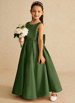 Azazie Pipsy Blumenmädchenkleider A-Linie Schleifen Matte Satin Kleid Olivgrün image2
