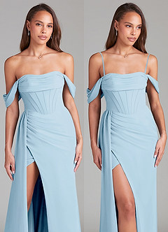 Azazie Amyra Bridesmaid Dresses Sky Blue Sheath Off the Shoulder Chiffon Convertible Dress image9