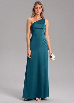Azazie Feby Bridesmaid Dresses Ink Blue A-Line One Shoulder Stretch Satin Dress image7