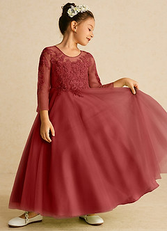 Azazie Precious Flower Girl Dresses Rust A-Line Lace Tulle Dress image2