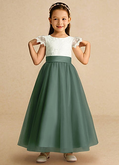 Azazie Pookie Flower Girl Dresses Eucalyptus A-Line Lace Tulle Dress image3