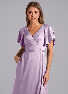Azazie Ambrosia Bridesmaid Dresses Frosted Lilac A-Line Pleated Stretch Satin Dress image2