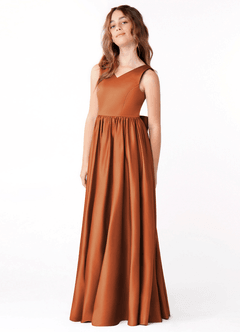 Azazie Hathaway Junior Vestido de Canela de Satén Elástico de Corte En A con Lazo image4