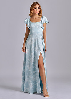 Azazie Bondi Brautjungfernkleider A-Linie Schleifen Stretch-Satin Kleid Puderblaues Blumenmuster image4