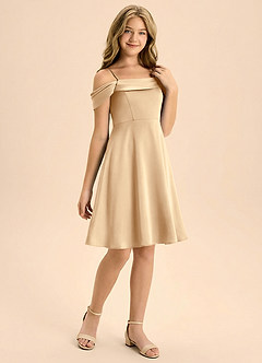 Azazie Anselie Junior Champagne A-Line Pleated Stretch Satin Dress image6