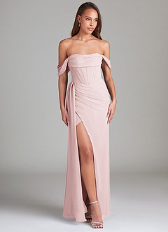 Azazie Amyra Bridesmaid Dresses Blushing Pink Sheath Off the Shoulder Chiffon Convertible Dress image3