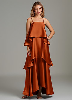 Azazie Azalea Bridesmaid Dresses Burnt Orange A-Line Ruched Stretch Satin Dress image1