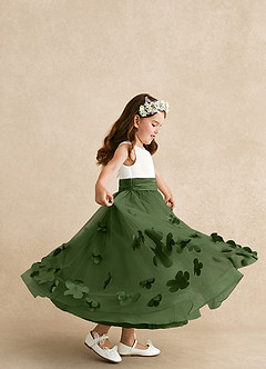 Azazie Vi Flower Girl Dresses Olive A-Line Sleeveless Tulle Dress image2