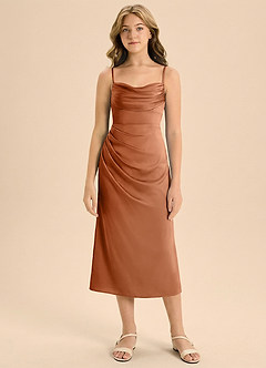 Azazie Mai Junior Copper Sheath Pleated Stretch Satin Dress image3
