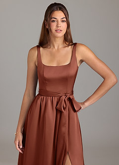 Azazie Elliott Bridesmaid Dresses Clay A-Line with Pockets Stretch Satin Dress image2