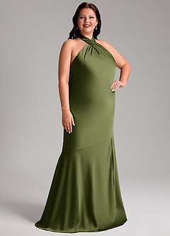 Azazie Lorena Bridesmaid Dresses Olive Mermaid Pleated Stretch Satin Dress image10