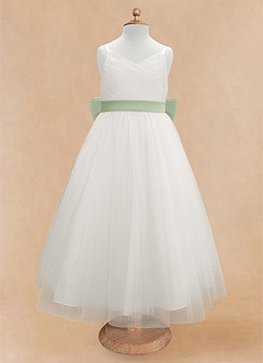 Azazie Lea Flower Girl Dresses Dusty Sage A-Line Spaghetti Strap Tulle Dress image6